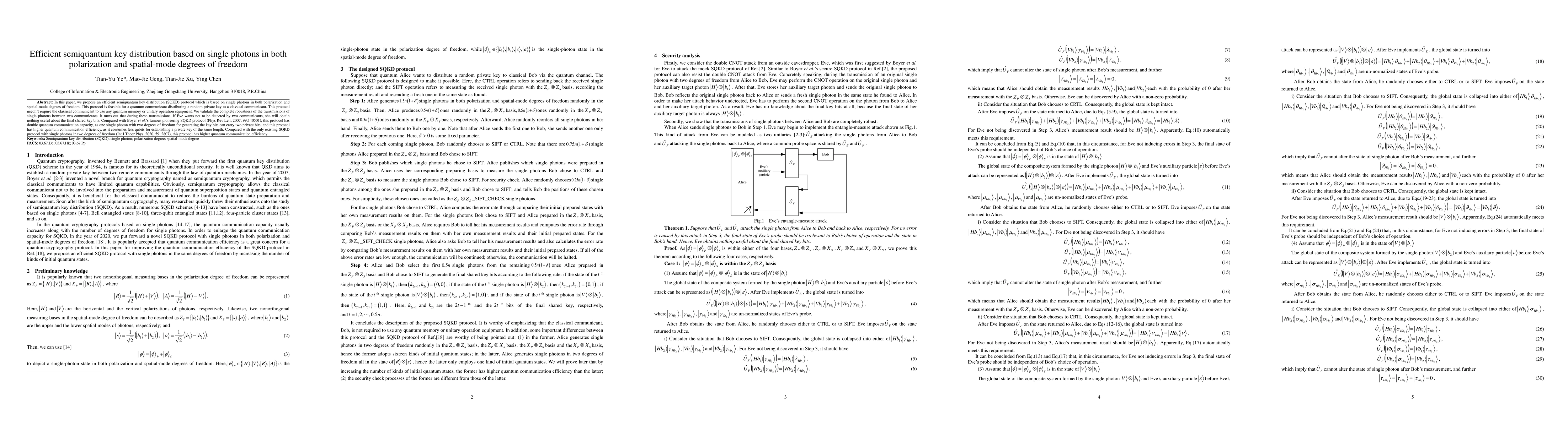 Thumbnail for Efficient semiquantum key distribution based on single photons in both
  polarization and spatial-mode degrees of freedom
