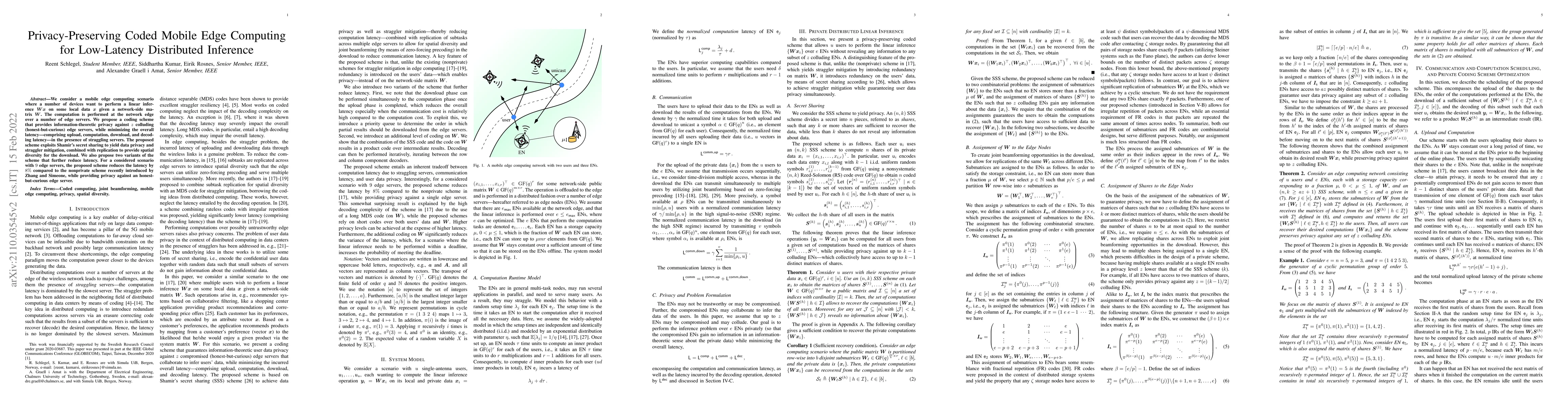 Thumbnail for Privacy-Preserving Coded Mobile Edge Computing for Low-Latency
  Distributed Inference