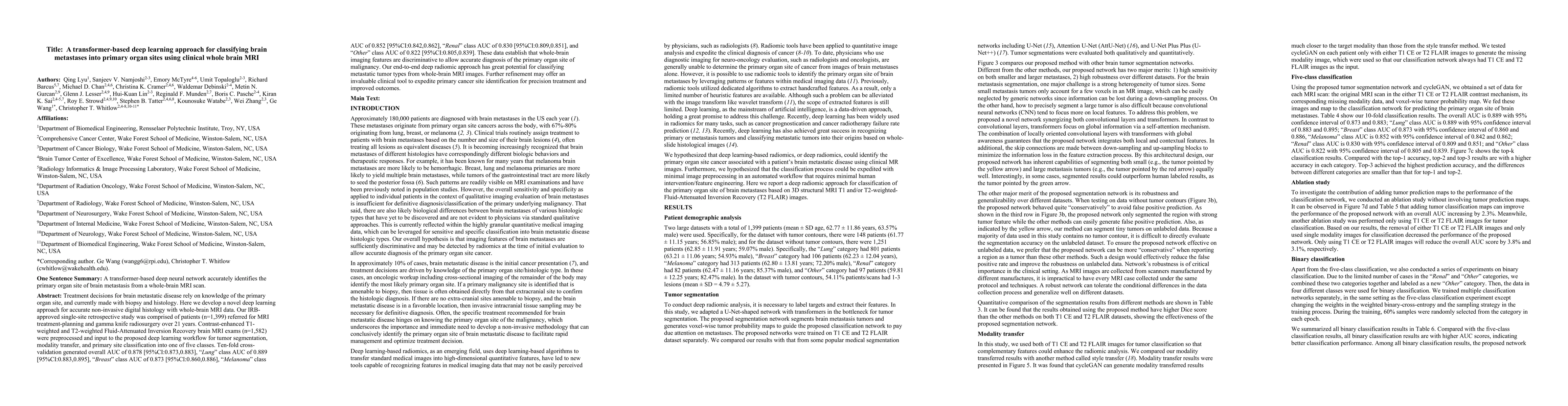 Thumbnail for A transformer-based deep learning approach for classifying brain
  metastases into primary organ sites using clinical whole brain MRI