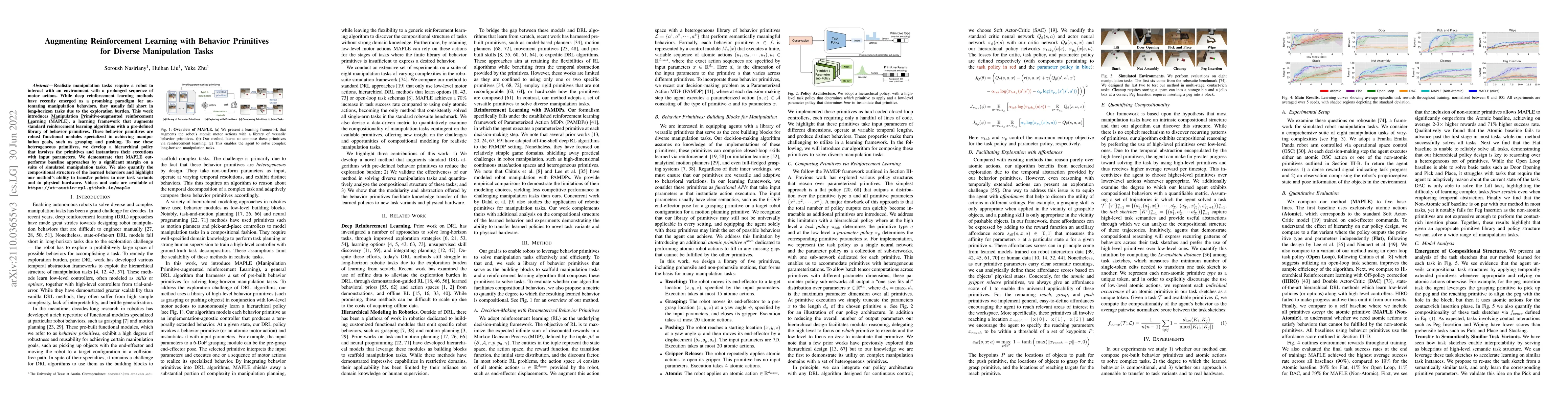 Thumbnail for Augmenting Reinforcement Learning with Behavior Primitives for Diverse
  Manipulation Tasks