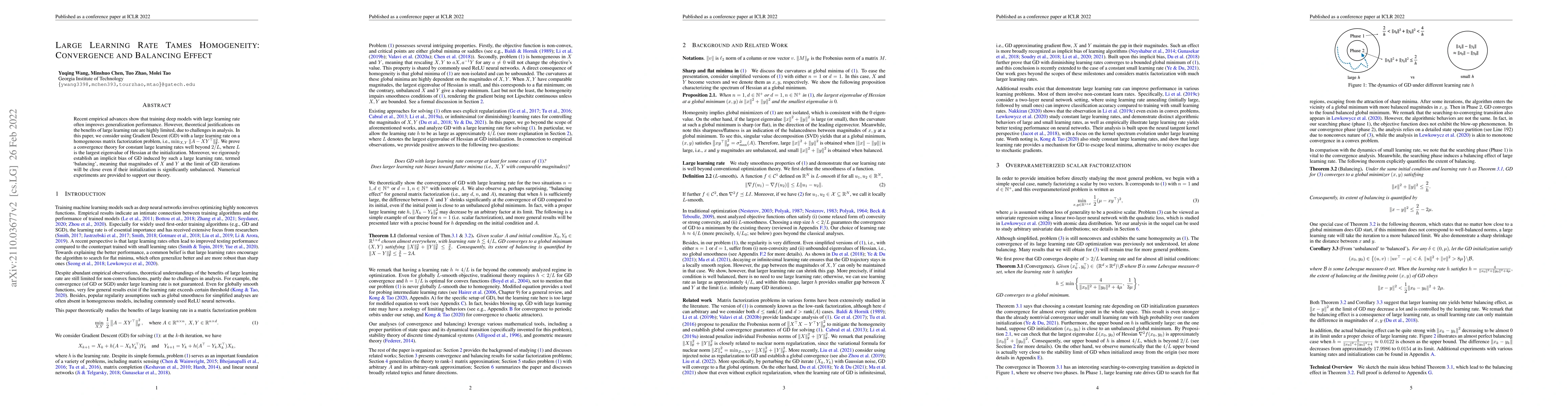 Thumbnail for Large Learning Rate Tames Homogeneity: Convergence and Balancing Effect