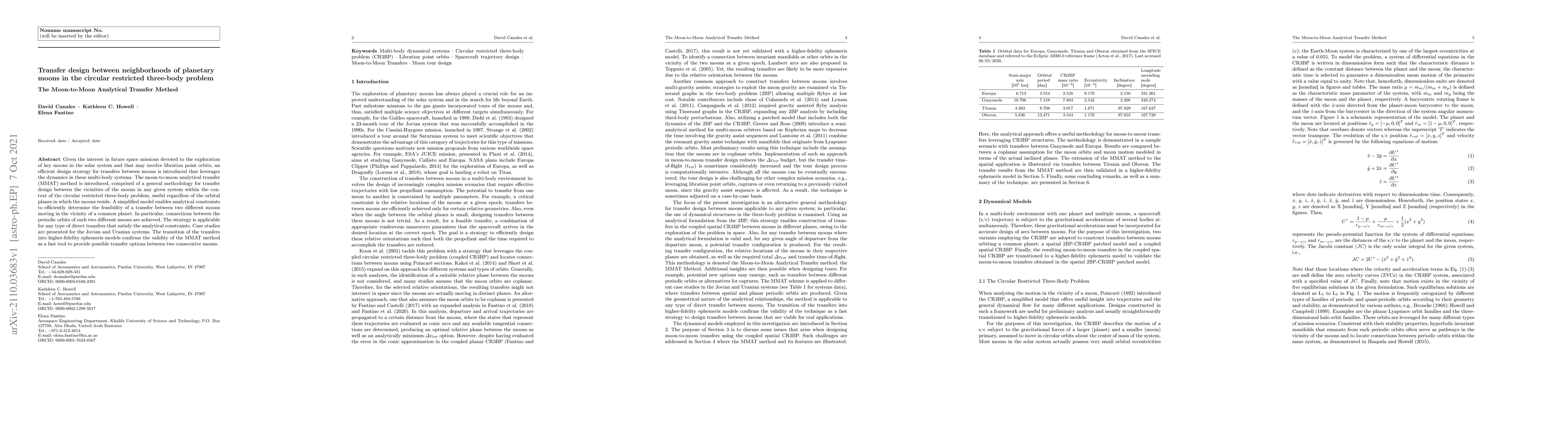 Thumbnail for Transfer design between neighborhoods of planetary moons in the circular
  restricted three-body problem