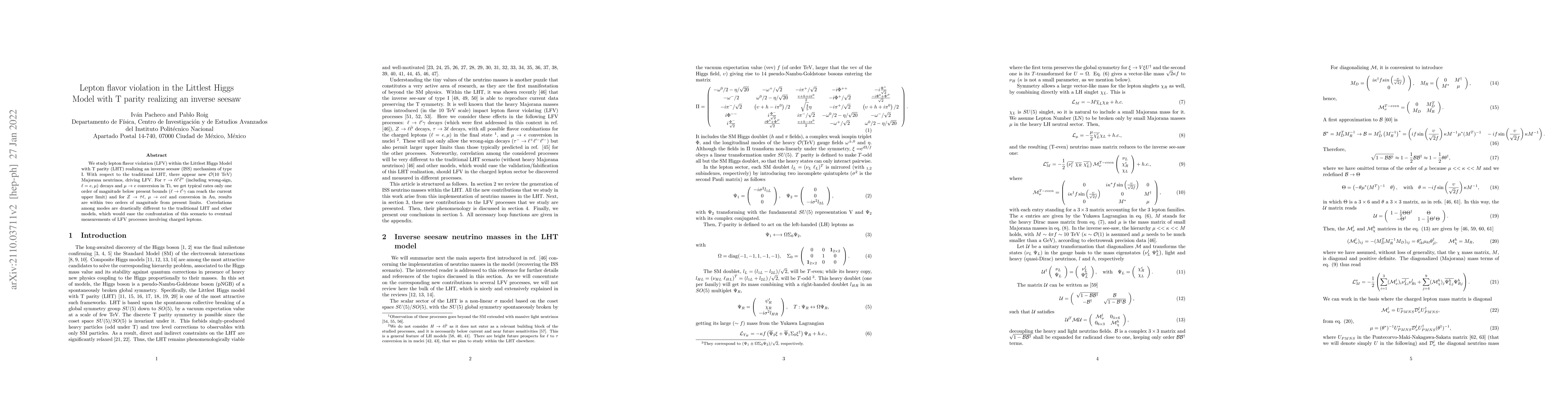 Thumbnail for Lepton flavor violation in the Littlest Higgs Model with T parity
  realizing an inverse seesaw