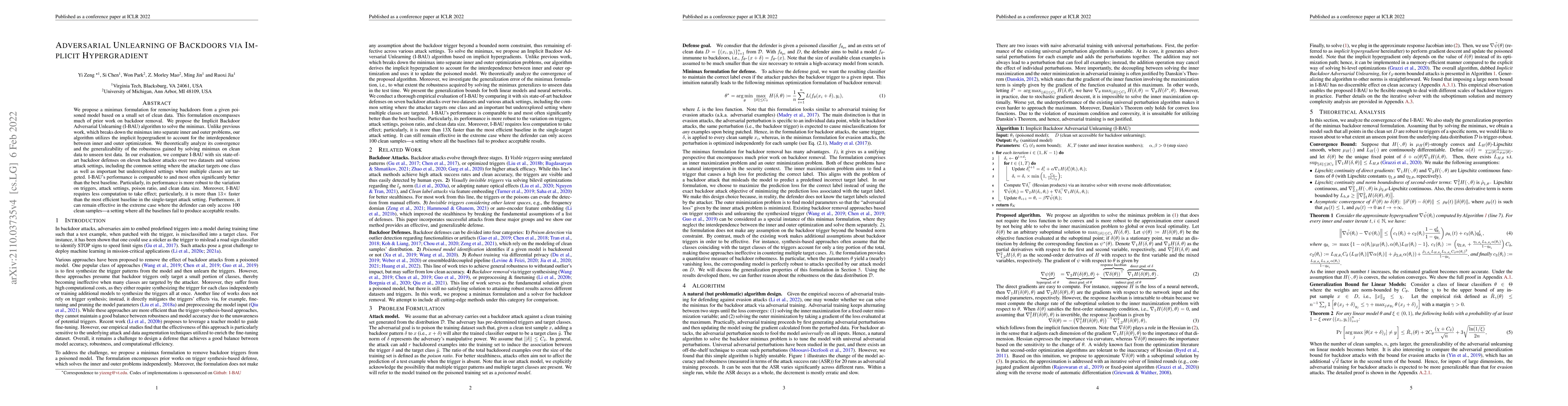 Thumbnail for Adversarial Unlearning of Backdoors via Implicit Hypergradient
