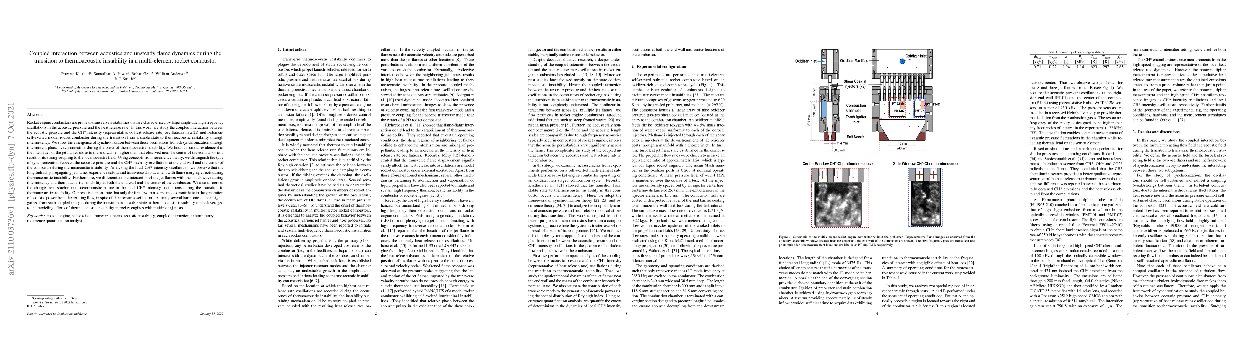 Thumbnail for Coupled interaction between acoustics and unsteady flame dynamics during
  the transition to thermoacoustic instability in a multi-element rocket
  combustor