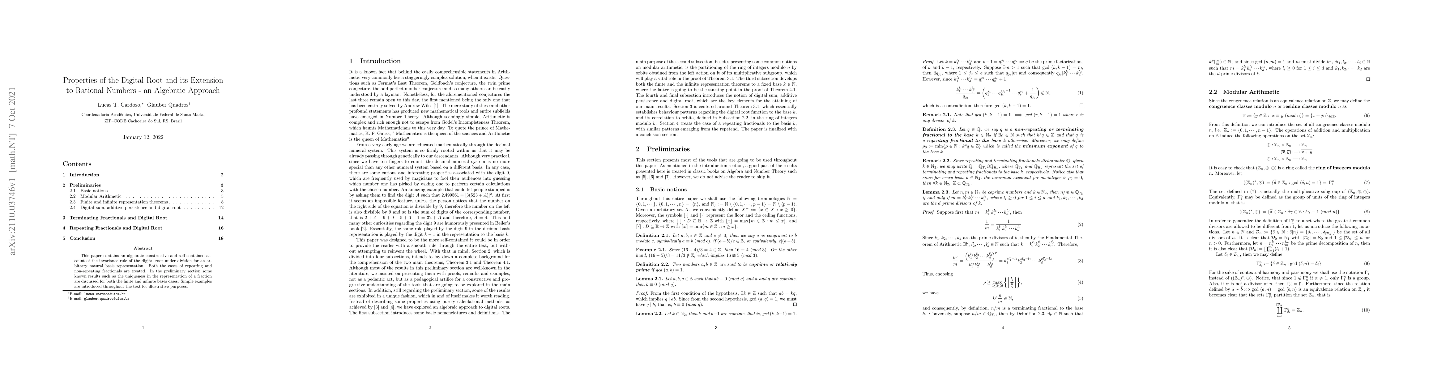 Thumbnail for Properties of the Digital Root and its Extension to Rational Numbers --
  an Algebraic Approach