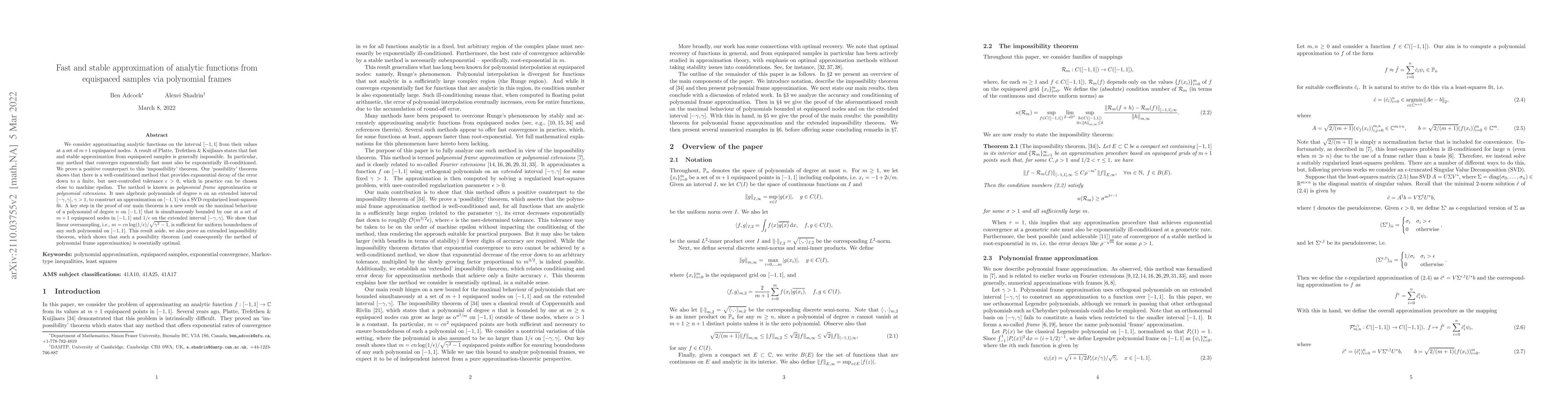 Thumbnail for Fast and stable approximation of analytic functions from equispaced
  samples via polynomial frames