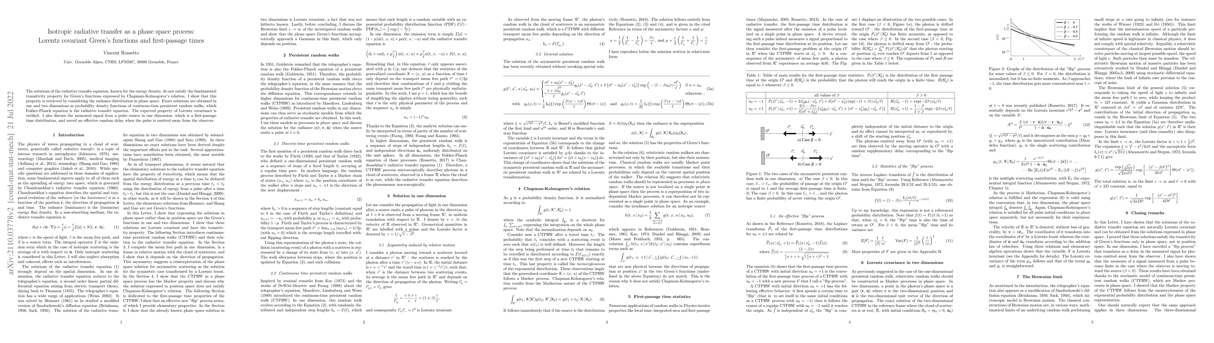 Thumbnail for Isotropic radiative transfer as a phase space process: Lorentz covariant
  Green's functions and first-passage times