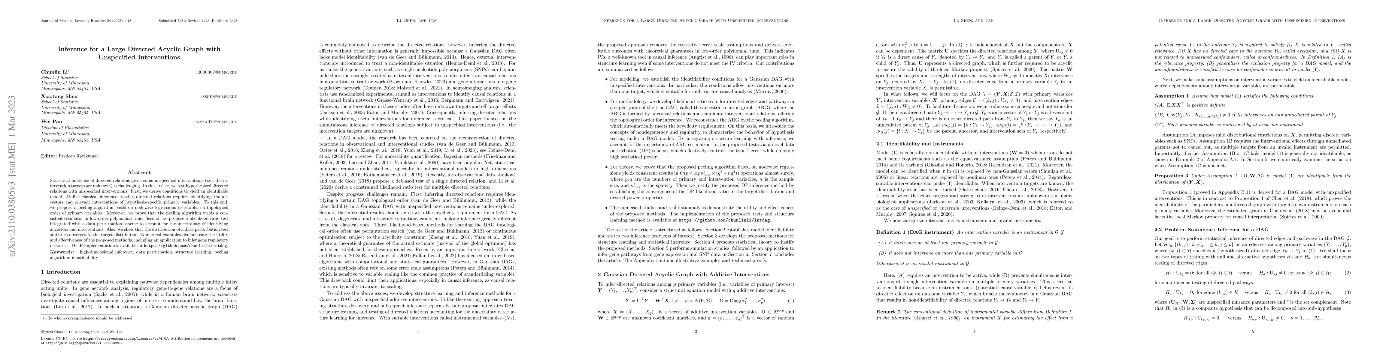 Thumbnail for Inference for a Large Directed Acyclic Graph with Unspecified
  Interventions