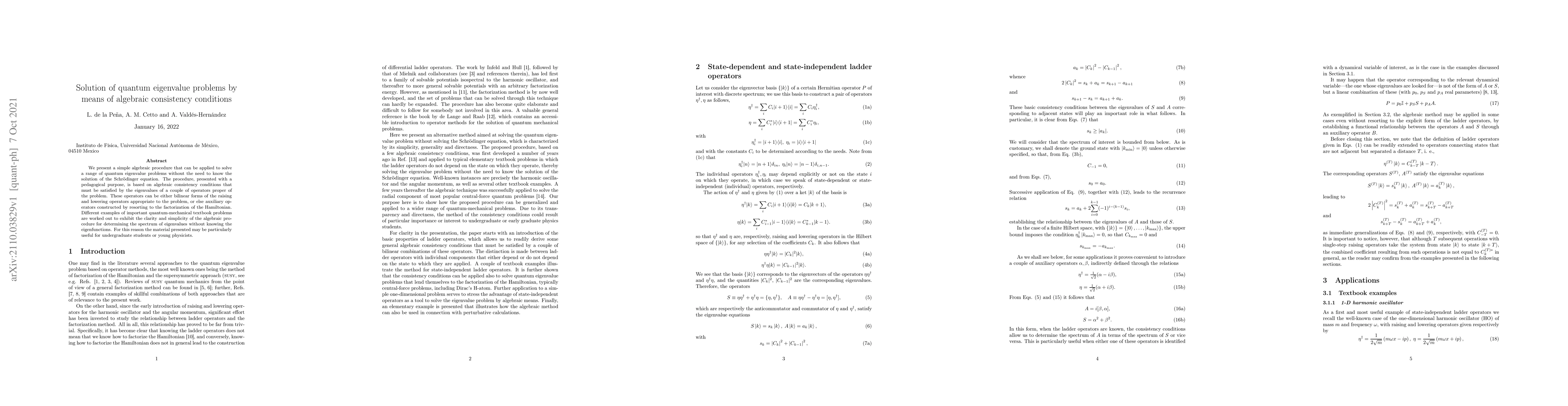 Thumbnail for Solution of quantum eigenvalue problems by means of algebraic
  consistency conditions