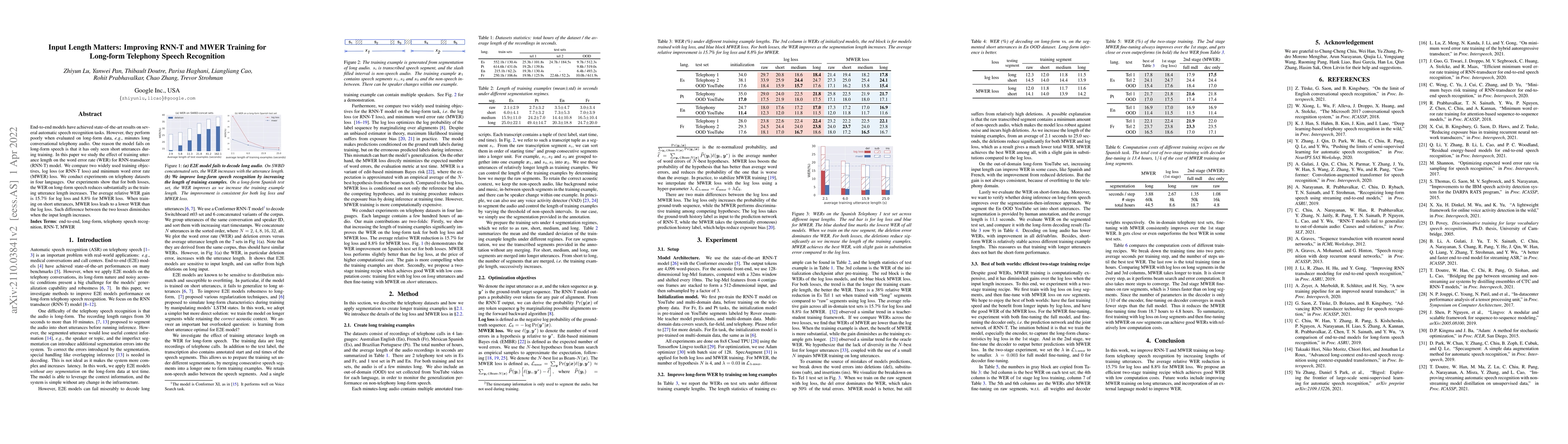 Thumbnail for Input Length Matters: Improving RNN-T and MWER Training for Long-form
  Telephony Speech Recognition