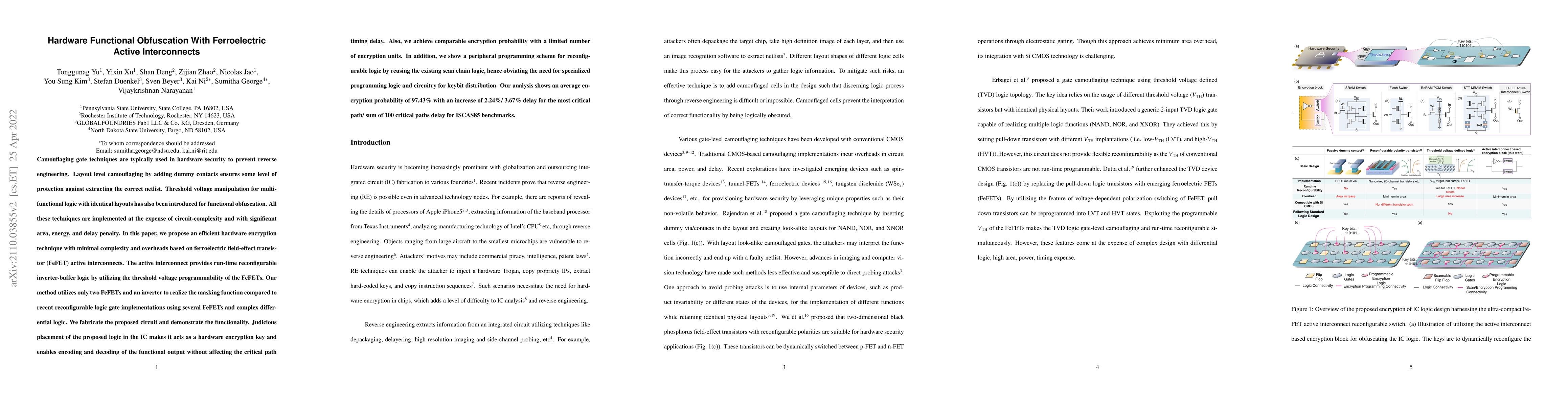 Thumbnail for Hardware Functional Obfuscation With Ferroelectric Active Interconnects