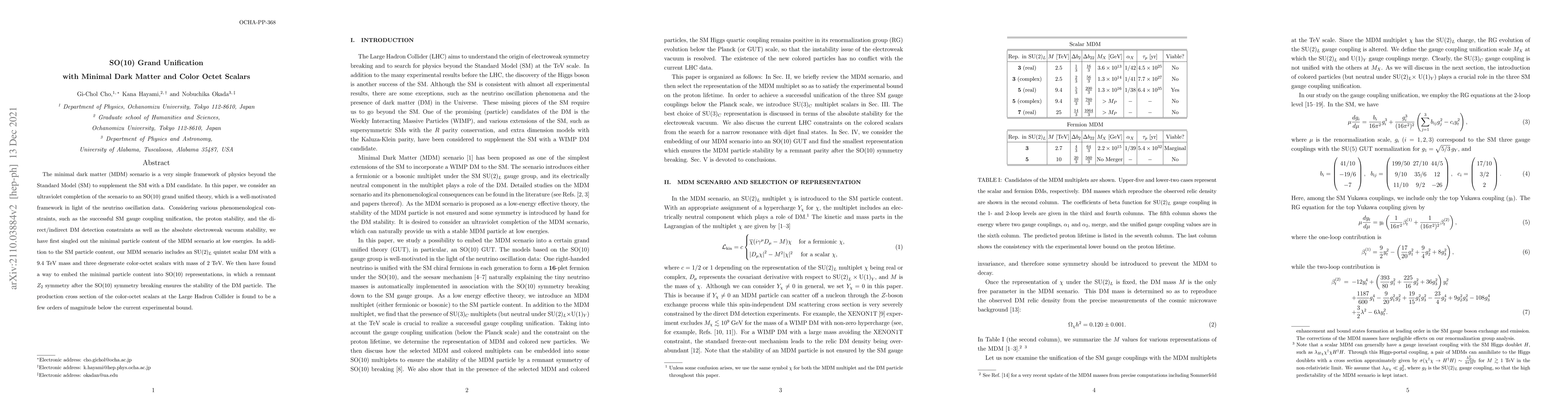 Thumbnail for SO(10) Grand Unification with Minimal Dark Matter and Color Octet
  Scalars
