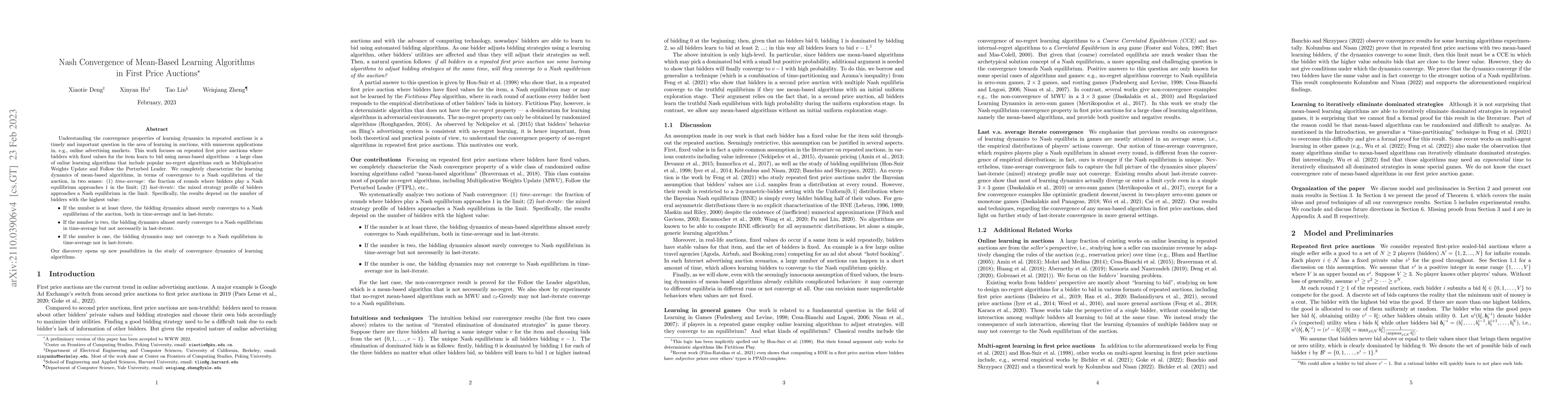 Thumbnail for Nash Convergence of Mean-Based Learning Algorithms in First Price
  Auctions
