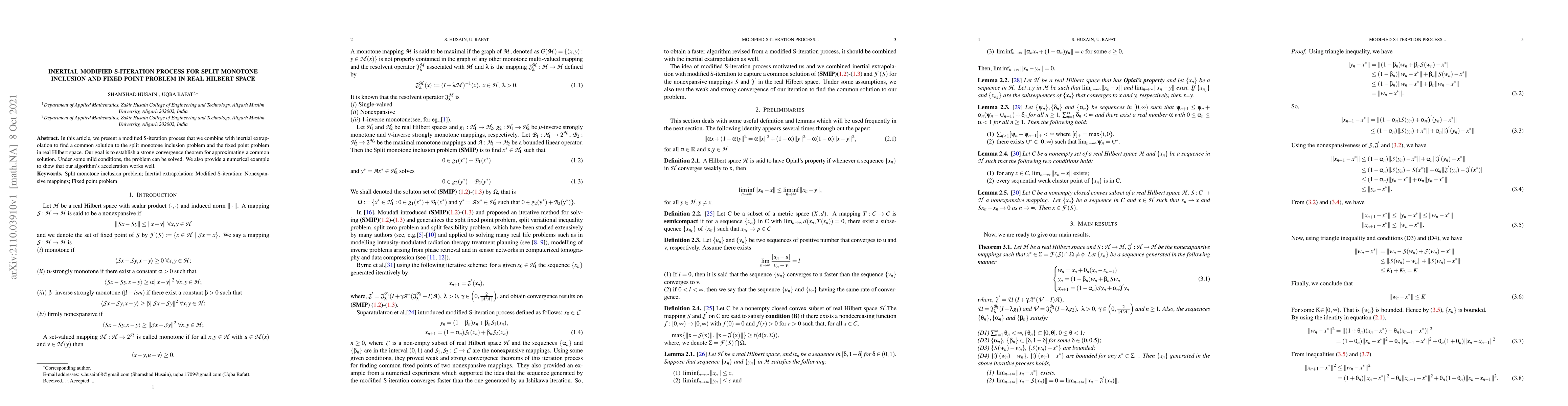 Thumbnail for Inertial Modified S-Iteration Process for Split Monotone Inclusion and
  Fixed Point Problem In Real Hilbert Space