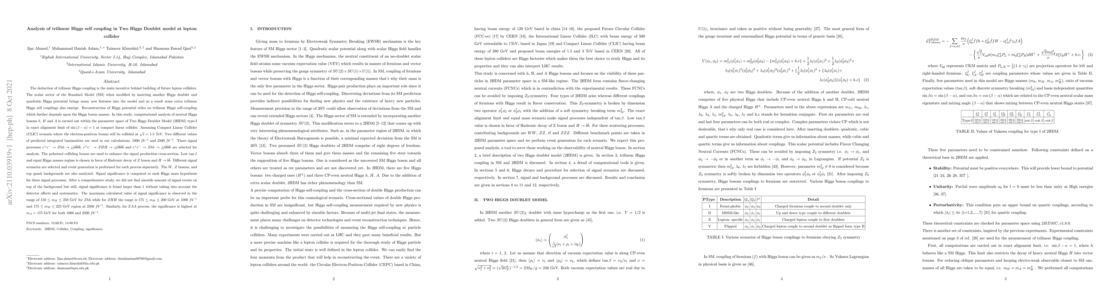 Thumbnail for Analysis of trilinear Higgs self coupling in Two Higgs Doublet model at
  lepton collider