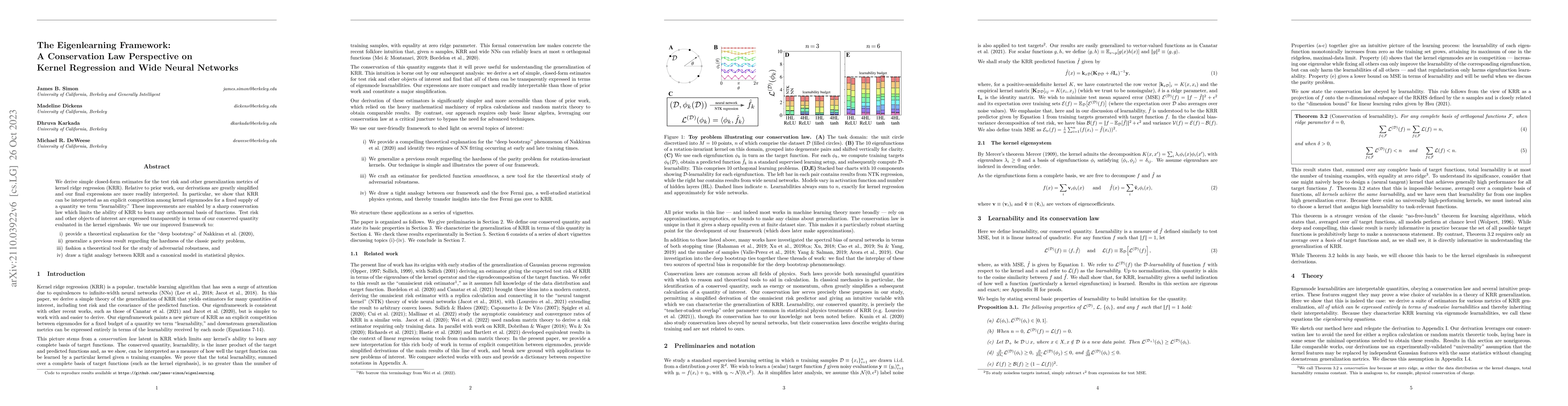 Thumbnail for The Eigenlearning Framework: A Conservation Law Perspective on Kernel
  Regression and Wide Neural Networks