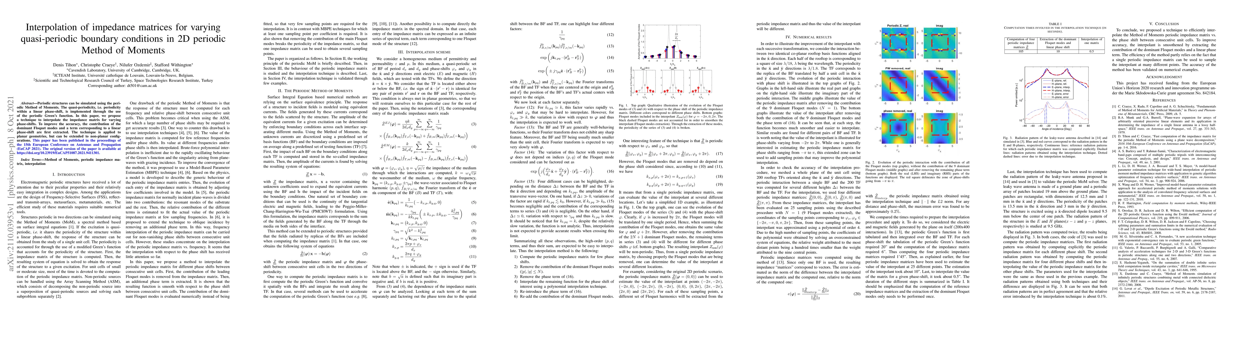 Thumbnail for Interpolation of impedance matrices for varying quasi-periodic boundary
  conditions in 2D periodic Method of Moments