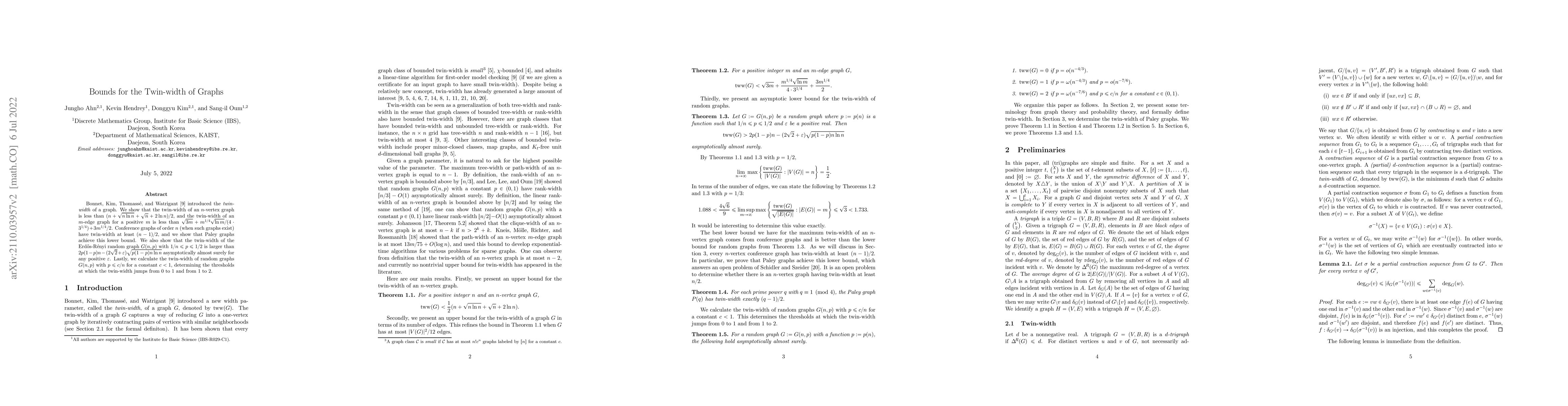 Thumbnail for Bounds for the Twin-width of Graphs