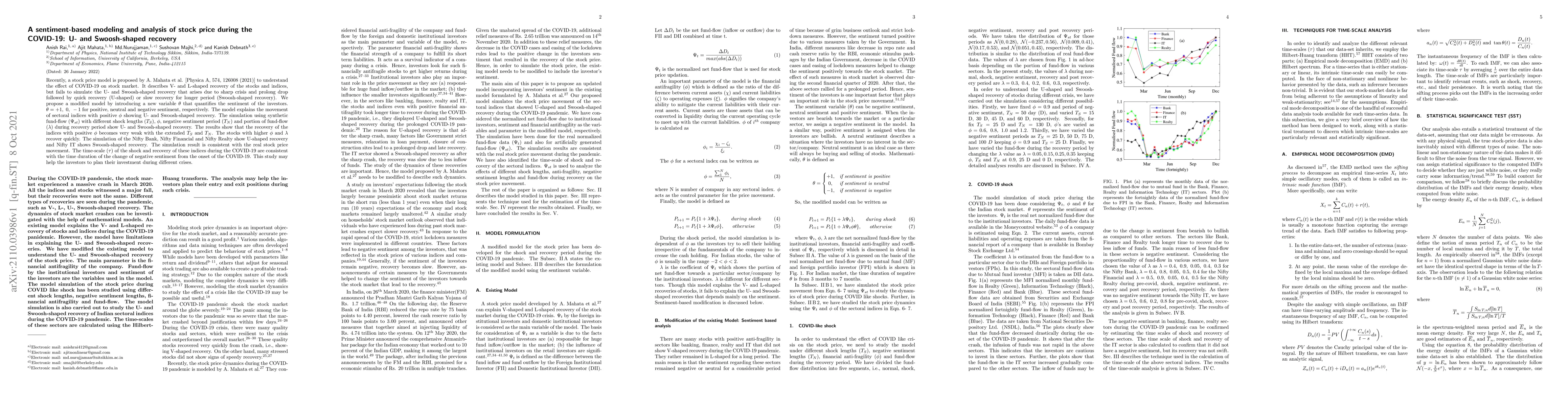 Thumbnail for A sentiment-based modeling and analysis of stock price during the
  COVID-19: U- and Swoosh-shaped recovery