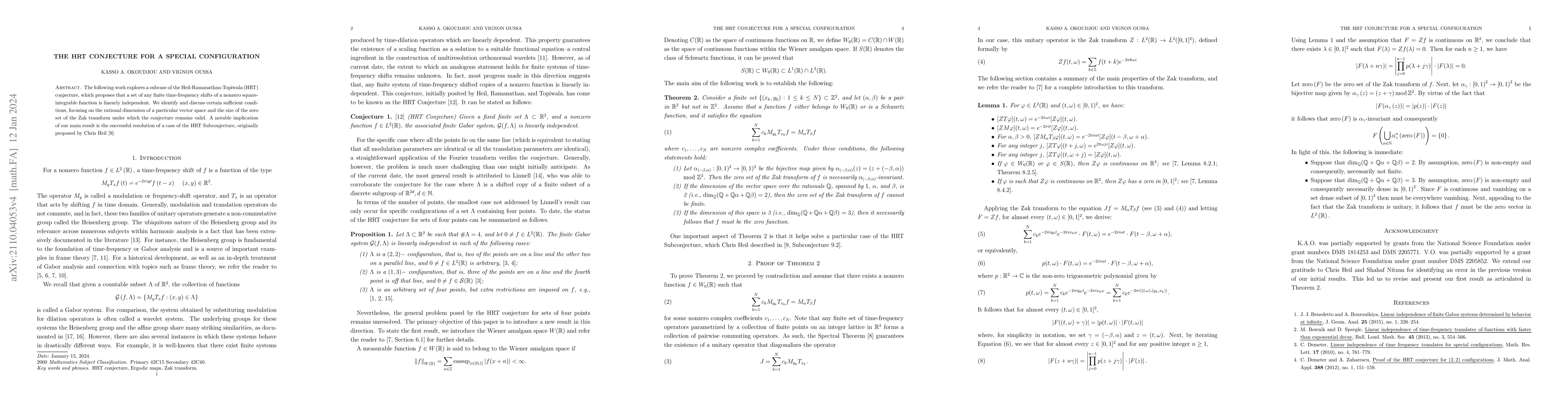 Thumbnail for The HRT conjecture for two classes of special configurations