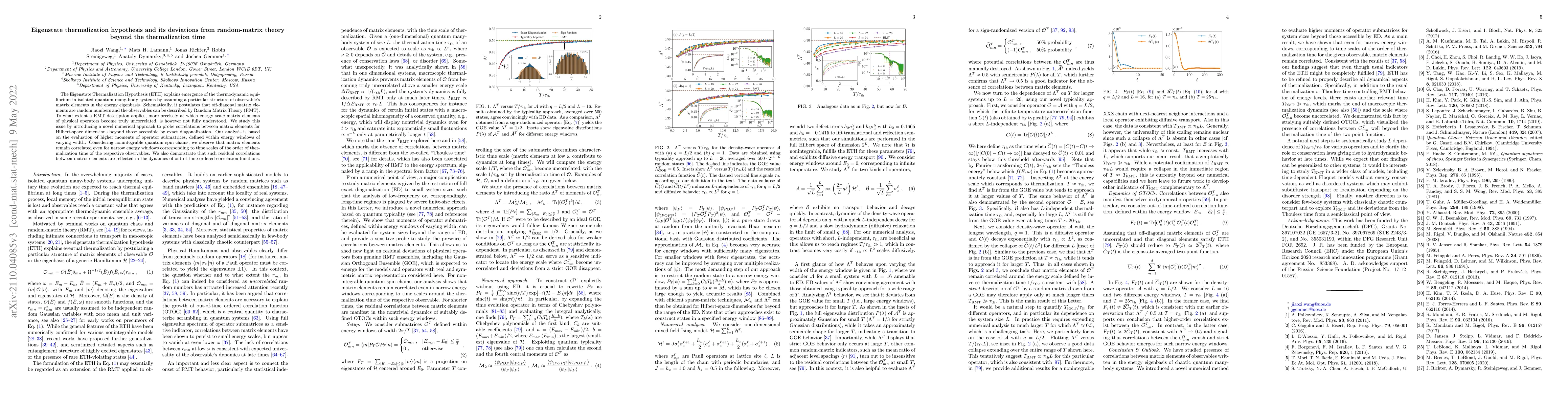 Thumbnail for Eigenstate thermalization hypothesis and its deviations from
  random-matrix theory beyond the thermalization time