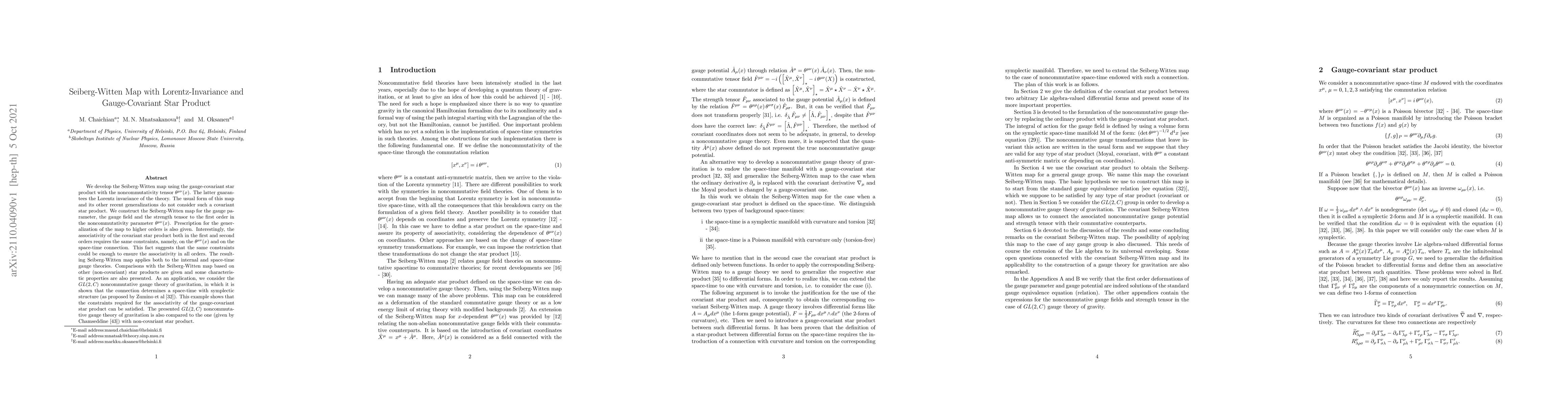 Thumbnail for Seiberg-Witten Map with Lorentz-Invariance and Gauge-Covariant Star
  Product