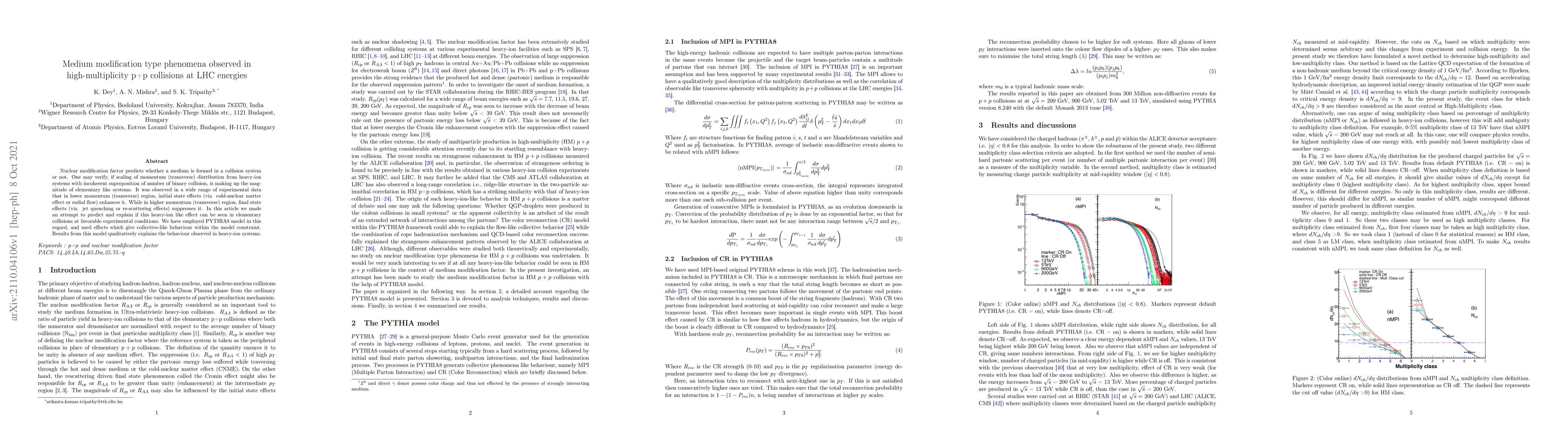 Thumbnail for Medium modification type phenomena observed in high-multiplicity p+p
  collisions at LHC energies