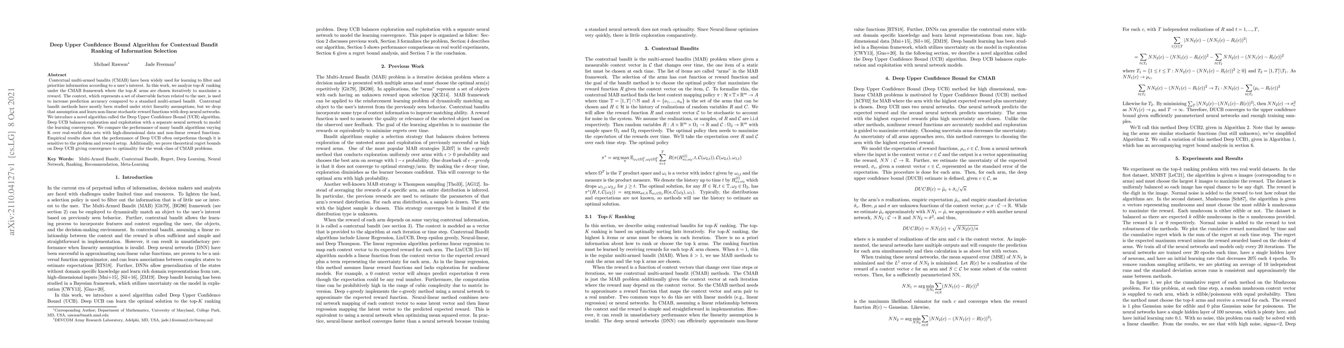 Thumbnail for Deep Upper Confidence Bound Algorithm for Contextual Bandit Ranking of
  Information Selection