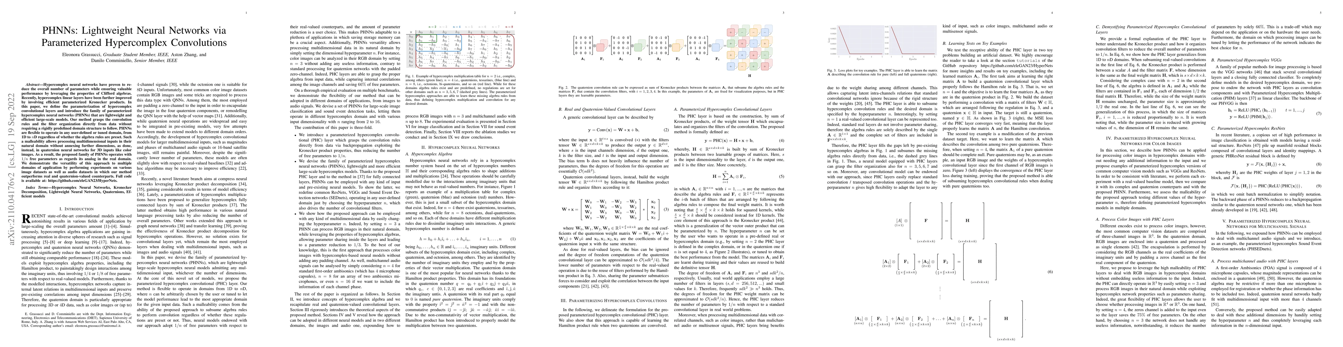 Thumbnail for PHNNs: Lightweight Neural Networks via Parameterized Hypercomplex
  Convolutions