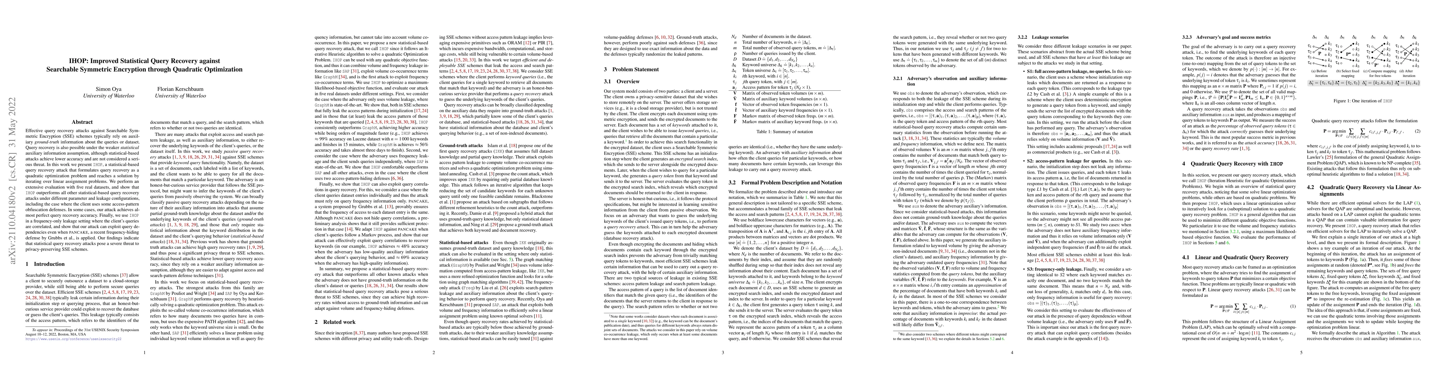 Thumbnail for IHOP: Improved Statistical Query Recovery against Searchable Symmetric
  Encryption through Quadratic Optimization
