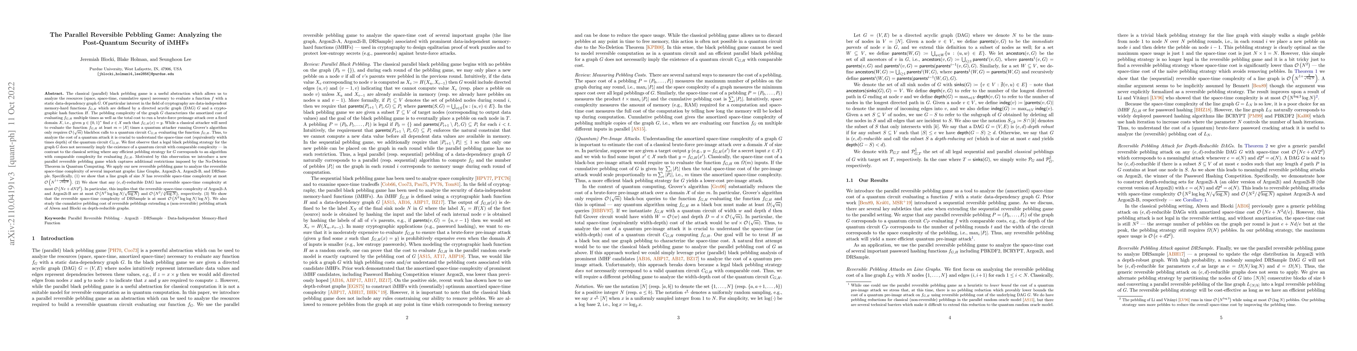 Thumbnail for The Parallel Reversible Pebbling Game: Analyzing the Post-Quantum
  Security of iMHFs