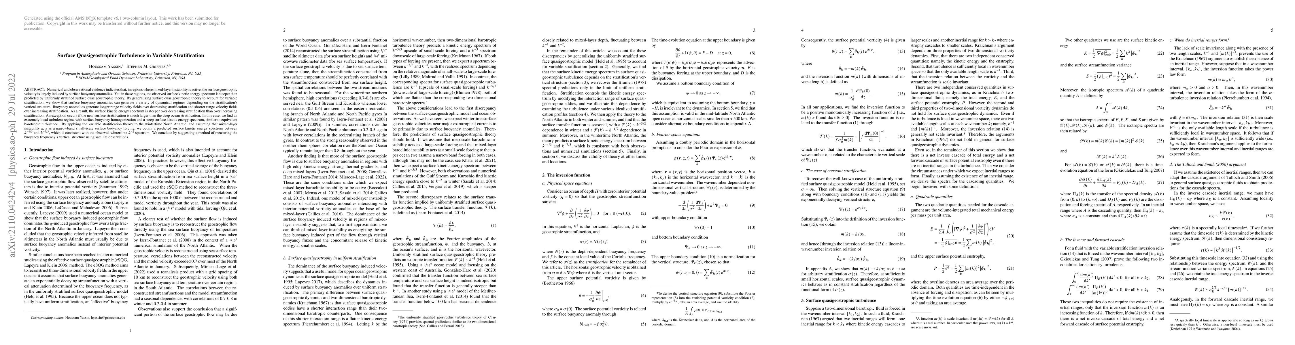 Thumbnail for Surface Quasigeostrophic Turbulence in Variable Stratification