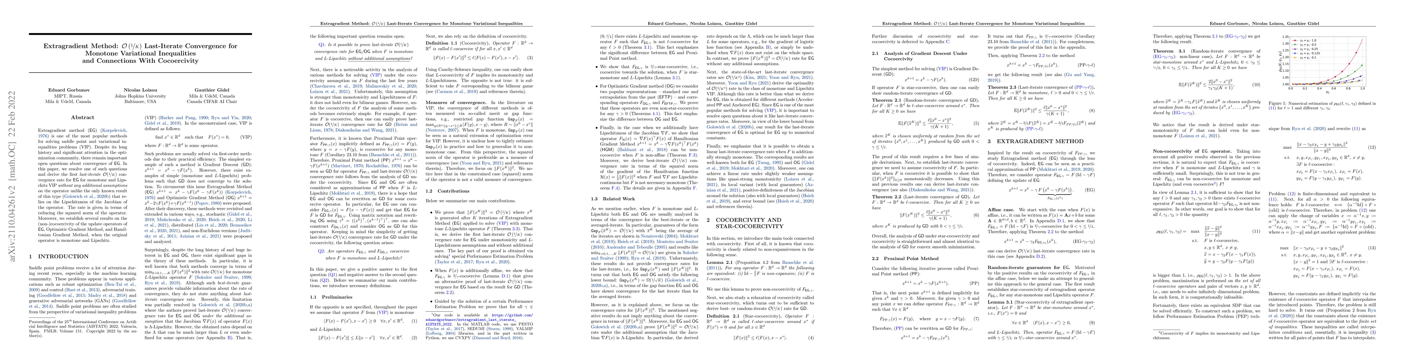 Thumbnail for Extragradient Method: $O(1/K)$ Last-Iterate Convergence for Monotone
  Variational Inequalities and Connections With Cocoercivity