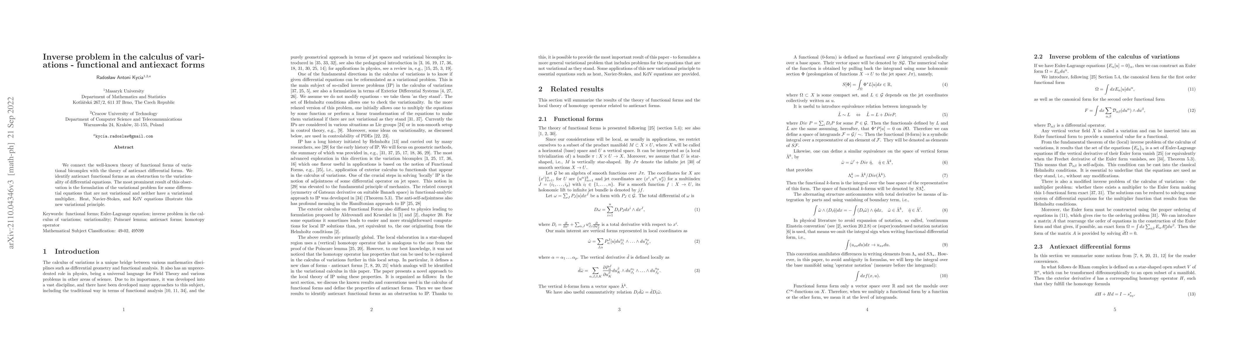 Thumbnail for Inverse problem in the calculus of variations -- functional and
  antiexact forms