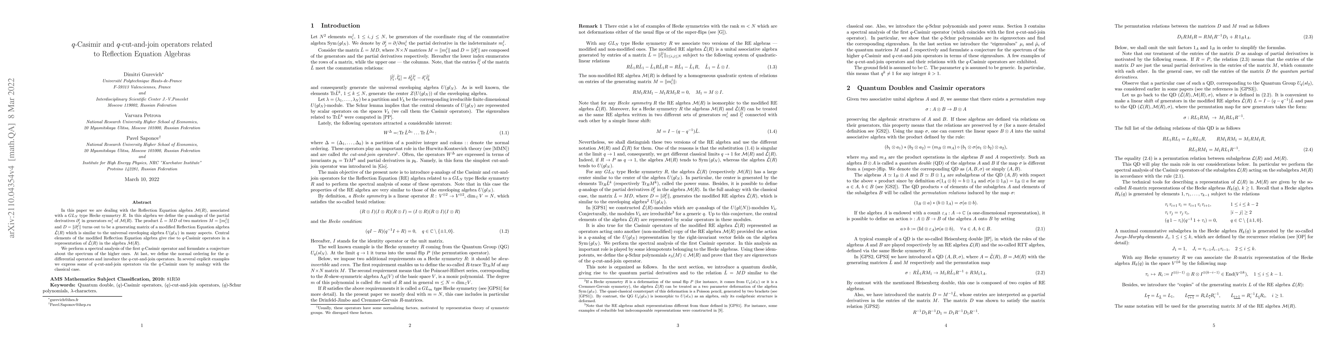Thumbnail for q-Casimir and q-cut-and-join operators related to Reflection Equation
  Algebras