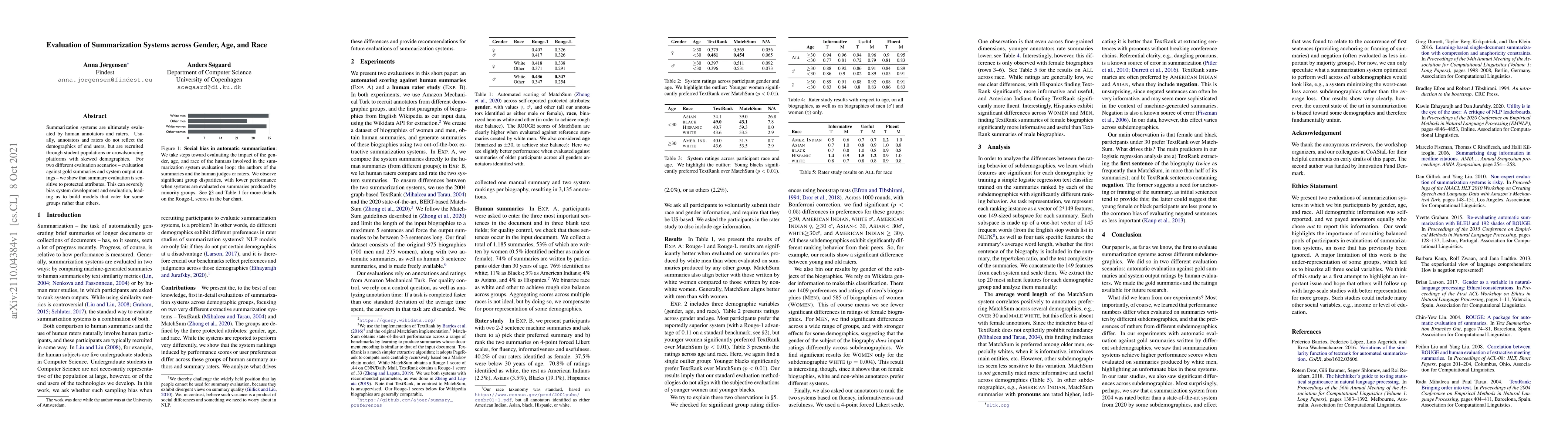 Thumbnail for Evaluation of Summarization Systems across Gender, Age, and Race