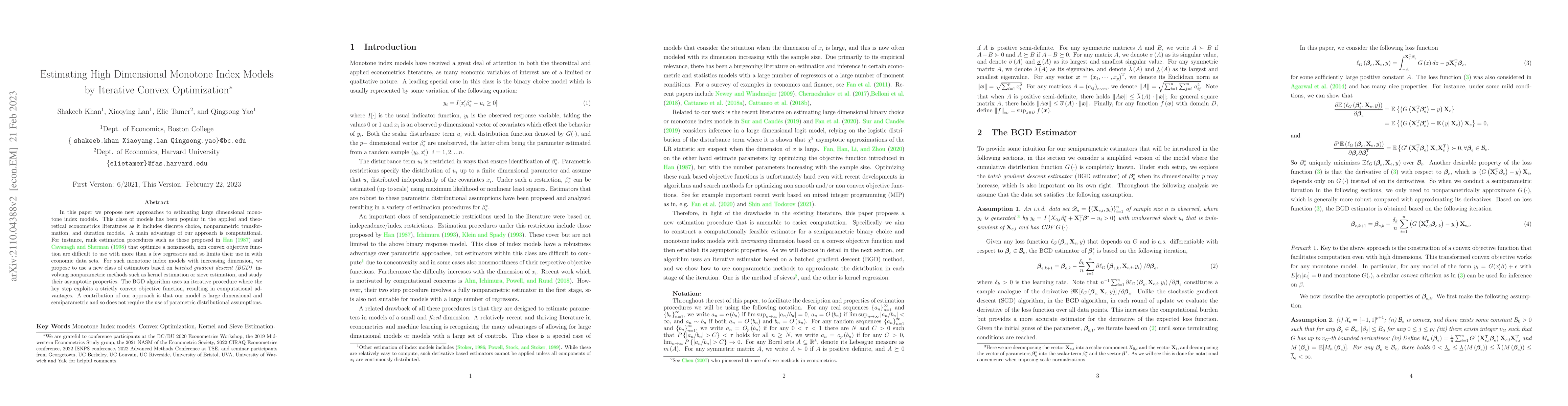 Thumbnail for Estimating High Dimensional Monotone Index Models by Iterative Convex
  Optimization1