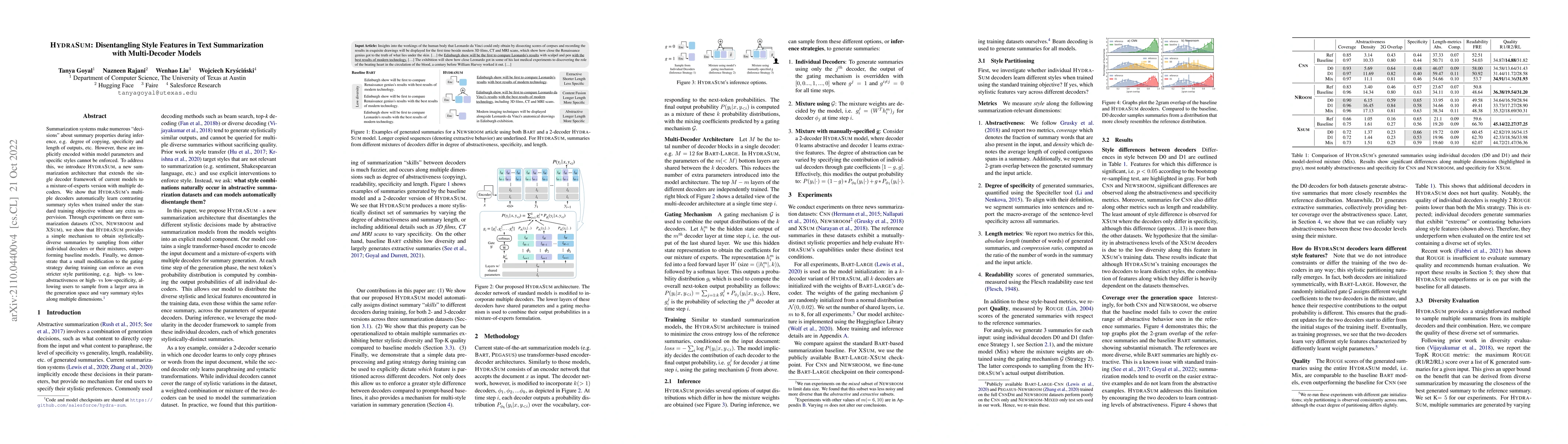 Thumbnail for HydraSum: Disentangling Stylistic Features in Text Summarization using
  Multi-Decoder Models