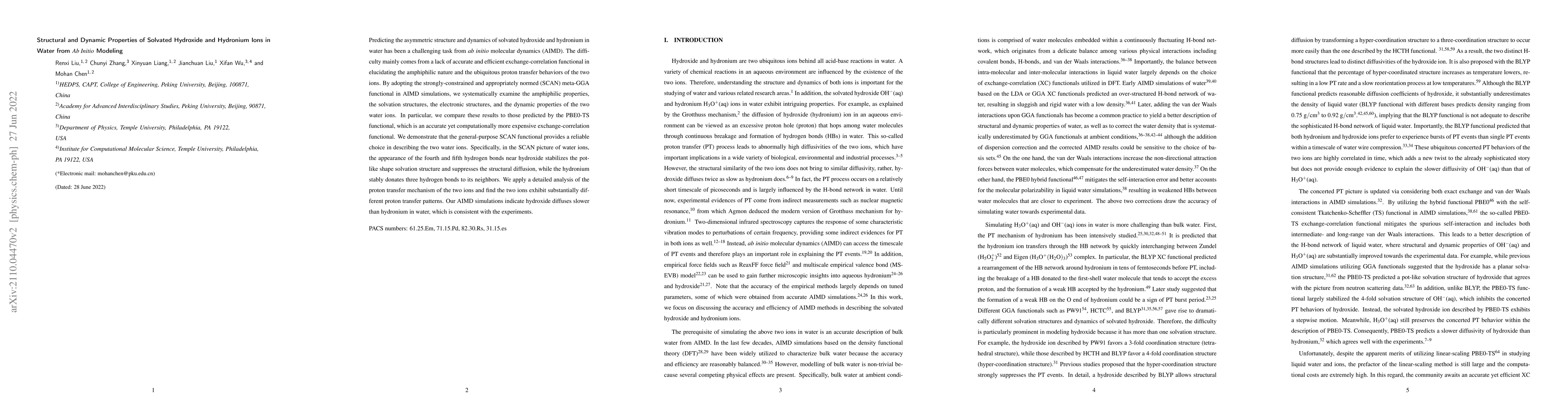 Thumbnail for Structural and Dynamic Properties of Solvated Hydroxide and Hydronium
  Ions in Water from Ab Initio Modeling