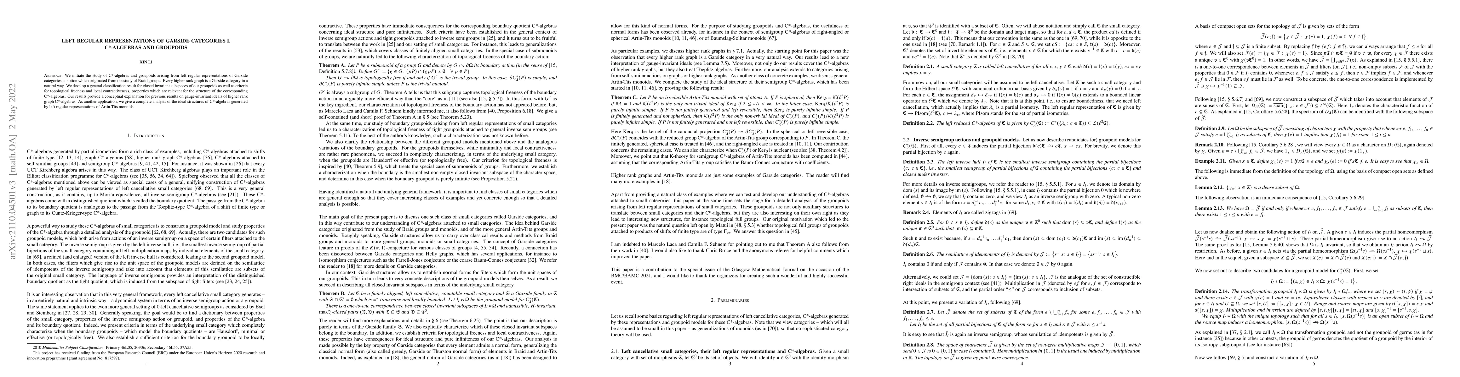 Thumbnail for Left regular representations of Garside categories I. C*-algebras and
  groupoids