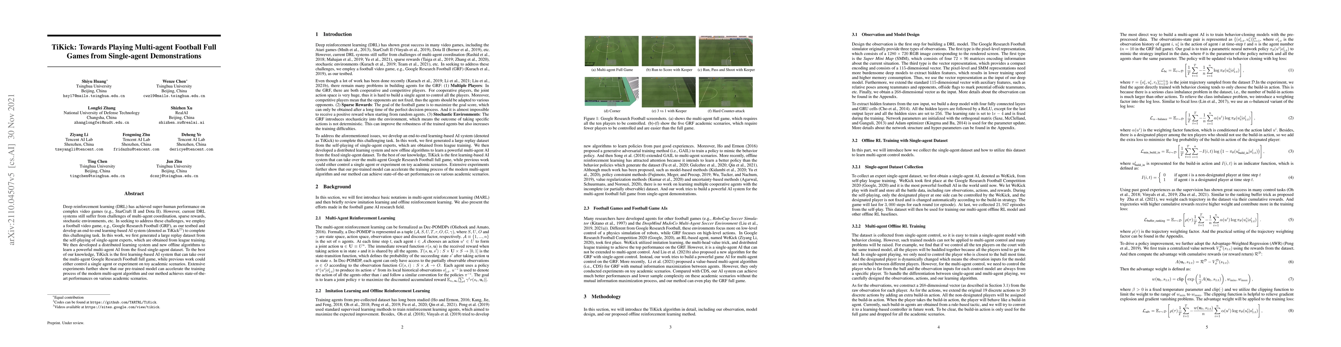Thumbnail for TiKick: Towards Playing Multi-agent Football Full Games from
  Single-agent Demonstrations