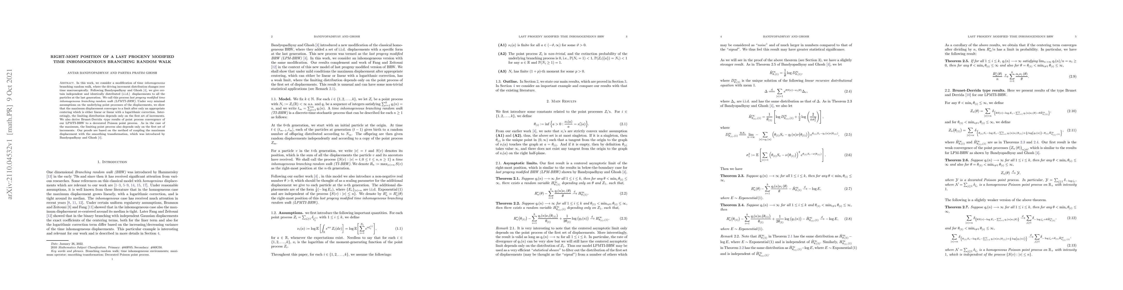 Thumbnail for Right-Most Position of a Last Progeny Modified Time Inhomogeneous
  Branching Random Walk