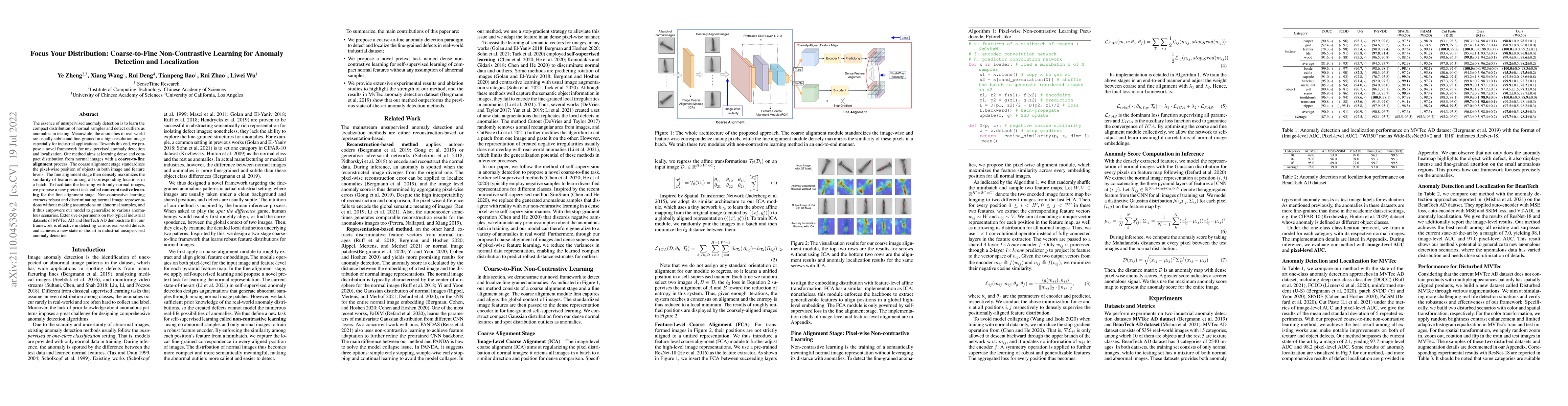 Thumbnail for Focus Your Distribution: Coarse-to-Fine Non-Contrastive Learning for
  Anomaly Detection and Localization