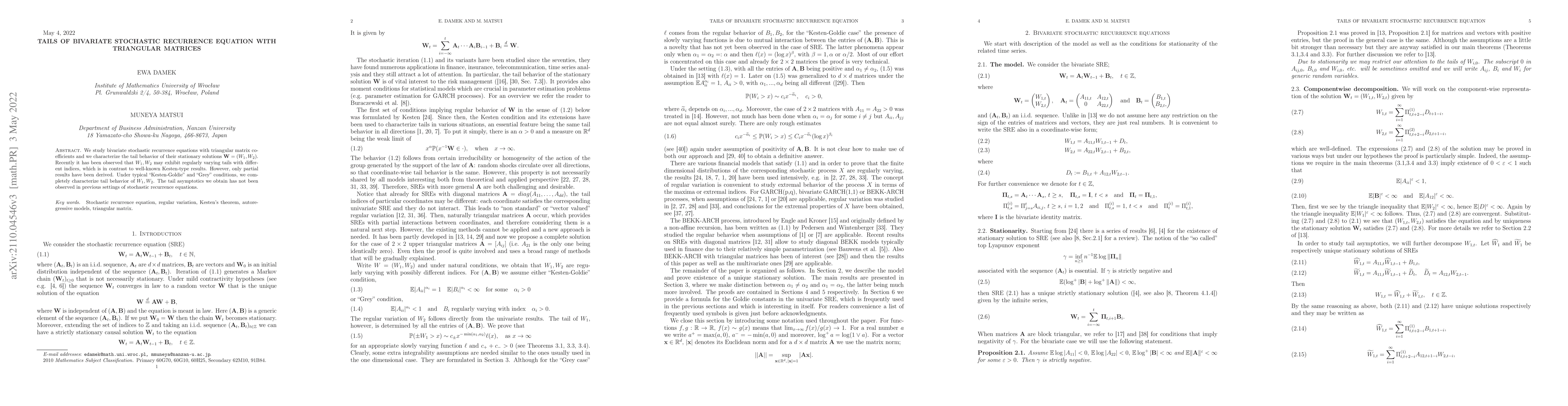 Thumbnail for Tails of bivariate stochastic recurrence equation with triangular
  matrices