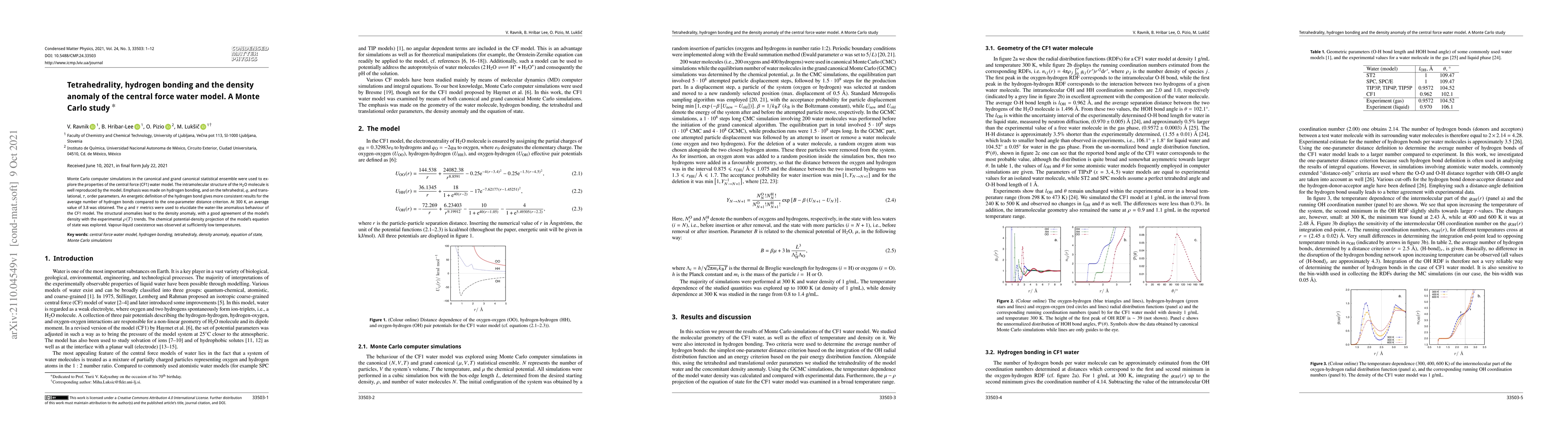 Thumbnail for Tetrahedrality, hydrogen bonding and the density anomaly of the central
  force water model. A Monte Carlo study