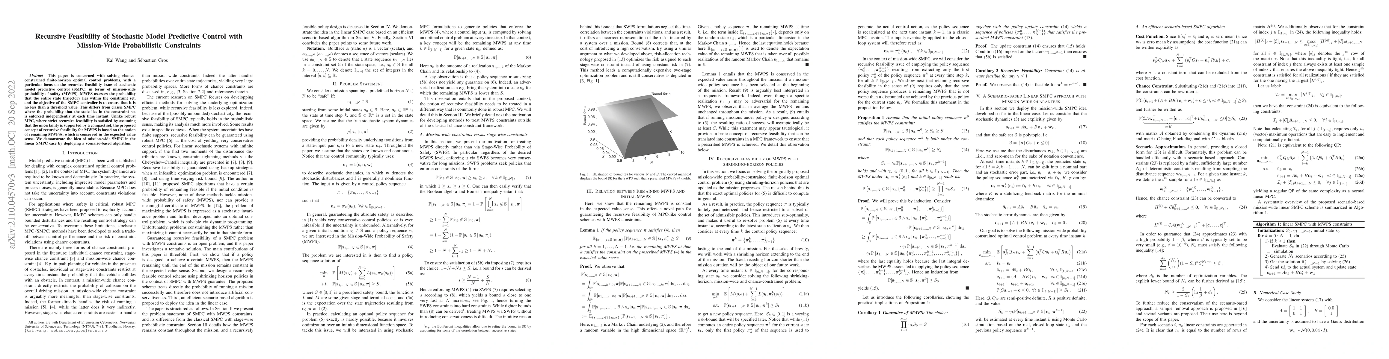Thumbnail for Recursive Feasibility of Stochastic Model Predictive Control with
  Mission-Wide Probabilistic Constraints