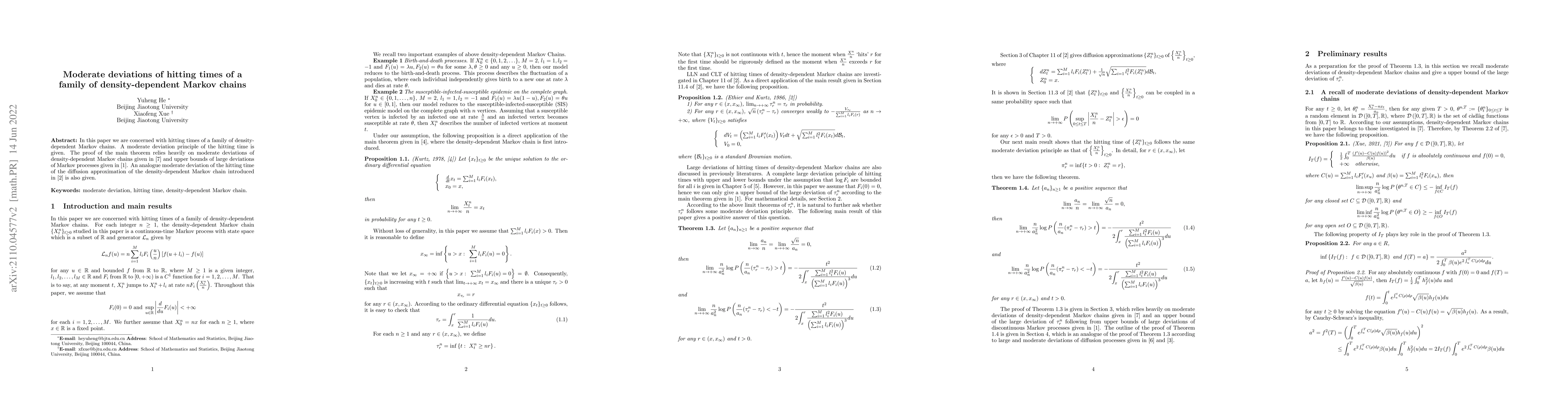 Thumbnail for Moderate deviations of hitting times of a family of density-dependent
  Markov chains
