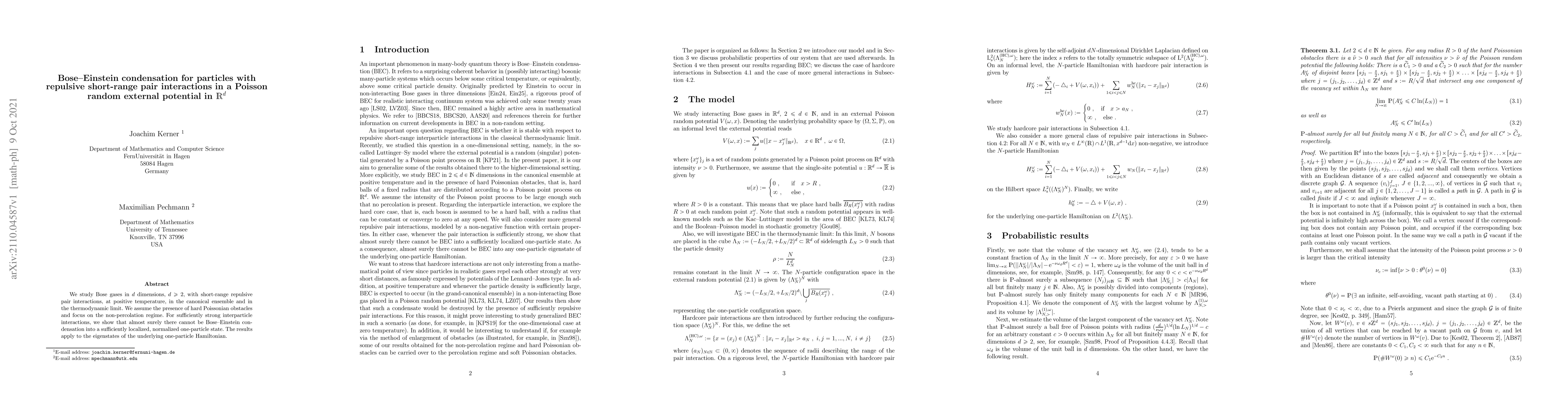 Thumbnail for Bose--Einstein condensation for particles with repulsive short-range
  pair interactions in a Poisson random external potential in $\mathbb R^d$
