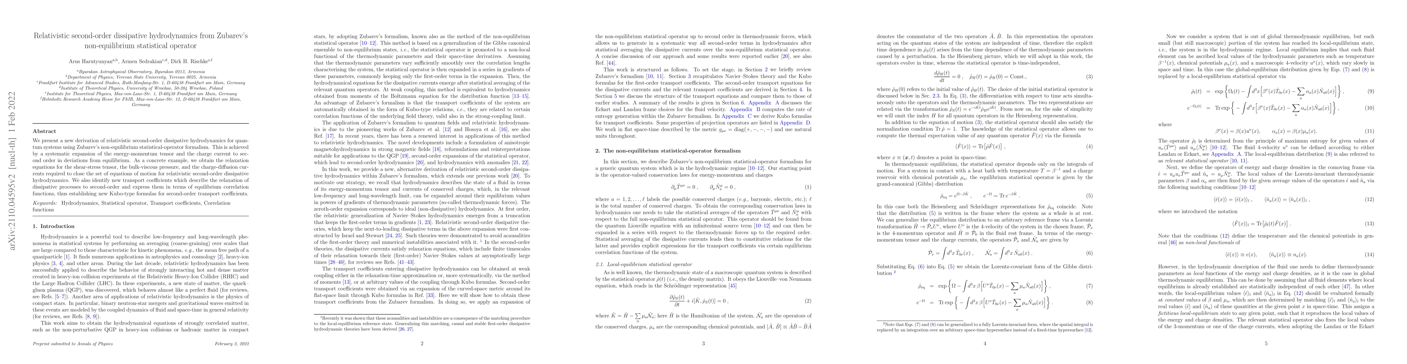 Thumbnail for Relativistic second-order dissipative hydrodynamics from Zubarev's
  non-equilibrium statistical operator